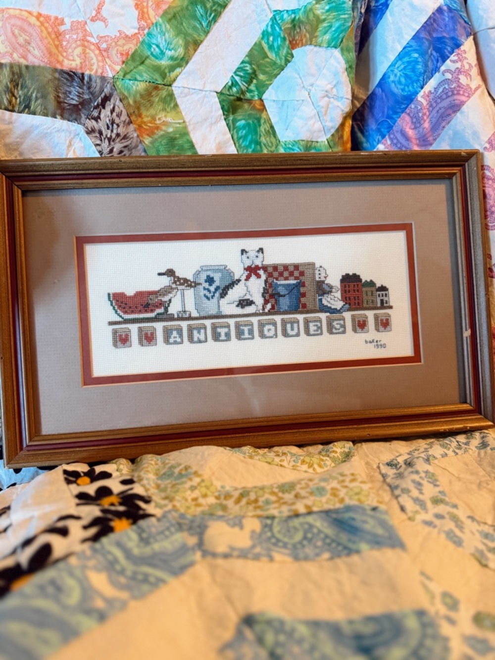 Framed Cross-Stitch 'ANTIQUES' SOLD